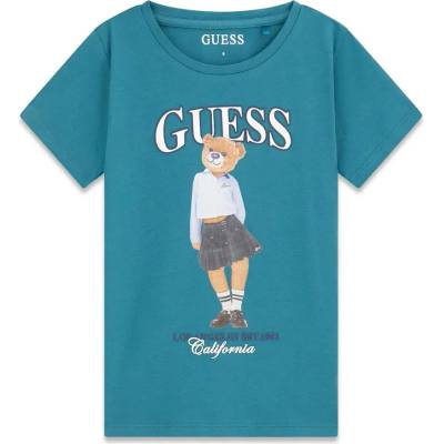 GUESS Синьо-зелена тениска за момиче с цветно мече и бял надпис Guess