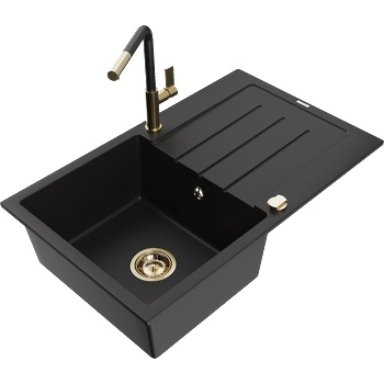 Mexen Bruno гранитна мивка с 1 отделение с отцедник и кухненски смесител Flora, черен - 6513-77-670401-57-G (6513-77-670401-57-G)