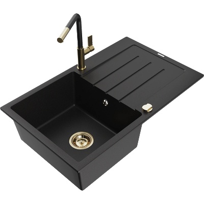 Mexen Bruno гранитна мивка с 1 отделение с отцедник и кухненски смесител Flora, черен - 6513-77-670401-57-G (6513-77-670401-57-G)
