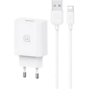USAMS SC мрежово зарядно устройство с USB гнездо 18W, PD бързо зарядно устройство 3.0 + Lightning кабел, БЯЛО SCXLTZ03 (SCXLTZ03)