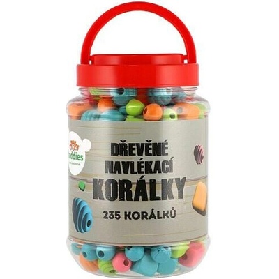 Teddies Korálky dřevěné barevné 235ks v plastové dóze 9x14cm