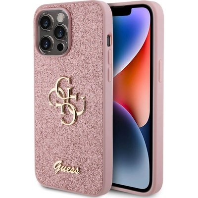 GUESS PU Fixed Glitter 4G Metal Logo Case - силиконов (TPU) калъф за iPhone 15 Pro Max (розов)