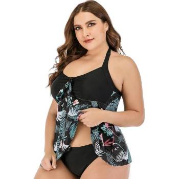 Image 1 of Макси танкини в черно с екзотични листа и фламинго