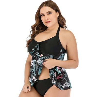 Макси танкини в черно с екзотични листа и фламинго