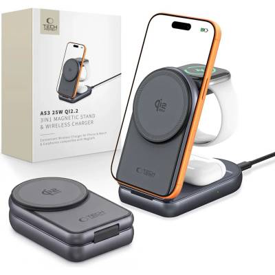 Tech-Protect A53 магнитно безжично зарядно устройство MagSafe 3 в 1, 25 W Qi2.2, тъмносиво (5906302323890)