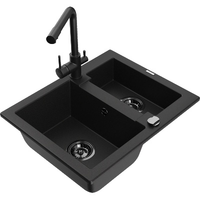 Mexen Carlos гранитна мивка с 1, 5 камери с кухненски смесител Duero, черна (6518-77-671600-70-B)