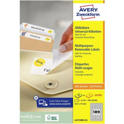 Avery-Zweckform L4731REV-25 25.4 x 10 mm papier biela 5760 ks premiestniteľné univerzálne etikety atrament, laser, kópie; L4731REV-25