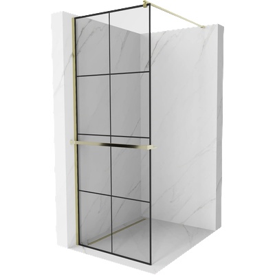 Mexen Kioto+ душ преграда с рафт Walk-in 90 x 200 см, черна решетка, златна - 800-090-121-50-77 (800-090-121-50-77)