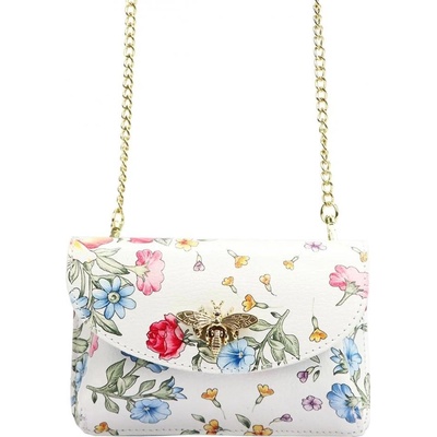 Kožená malá dámská crossbody kabelka na řetízku s květy bílá