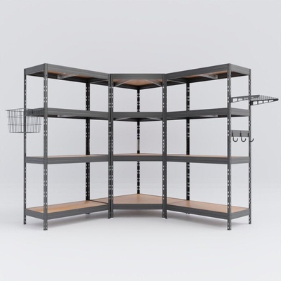 Majster Regál CORNER PACK - 2x 180x90x45 cm a rohový regál 180x90x45x64,5 cm s príslušenstvom: kôš, bočná polica, háčik a nosník s háčikmi