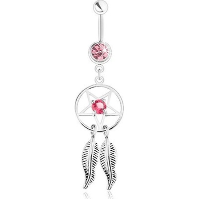 Šperky eshop piercing do pupíku z oceli kruhový lapač snů s růžovým zirkonem pírka SP33.26