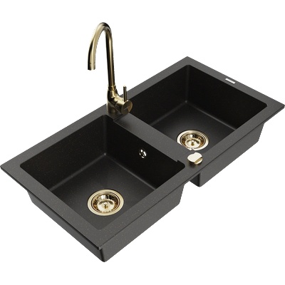 Mexen Mario двукоморна гранитна мивка с кухненски смесител Telma, черен/златен - 6504-75-670200-50 (6504-75-670200-50)