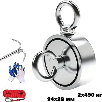 UNI STR Неодимов магнит, двустранен, 94x28 мм, 2x490 кг, с въже, кука и ръкавици (STR1159)