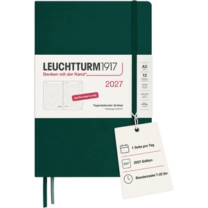 Leuchtturm1917 Daily Calendar 2027 Dotted Medium (A5) - German, Forest Green, 145 x 210 mm, January-December (12 months), 1 page per day, hourly grid 7: 00-22: 00, hardcover, 80 g/m2 paper - 400169 (400169)