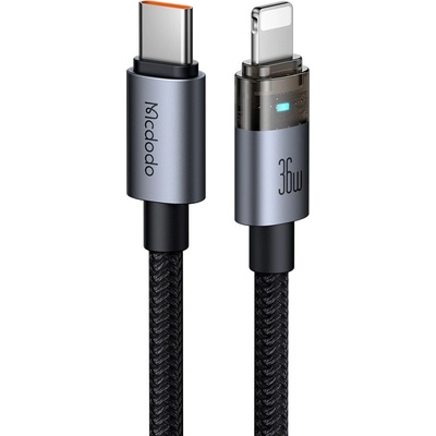Mcdodo CA-6940 s kontrolkou nabíjení USB-C na Lightning, průhledný 36 W 1,2m černý