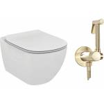 Ideal Standard Комплект за окачена тоалетна чиния Ideal Standard Tesi, капак с плавно затваряне и златист интимен душ комплект с вграден смесител Rea Loop (T007901+T352701+5902557369973)