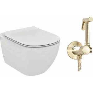 Ideal Standard Комплект за окачена тоалетна чиния Ideal Standard Tesi, капак с плавно затваряне и златист интимен душ комплект с вграден смесител Rea Loop (T007901+T352701+5902557369973)