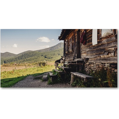 Foto obraz sklo tvrzené Drevený dom hory 100x50 cm