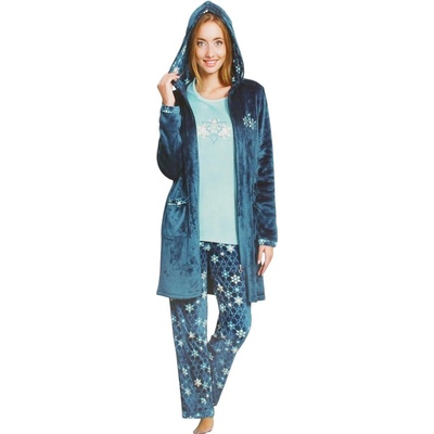 Плюшен комплект от халат и пижама в петролено синьо