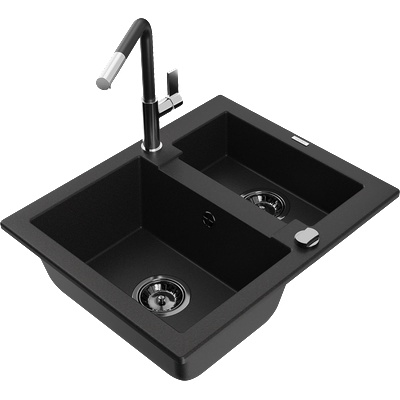 Mexen Carlos гранитна мивка с 1, 5 камери с кухненски смесител Flora, черен - 6518-77-670401-07-B (6518-77-670401-07-B)