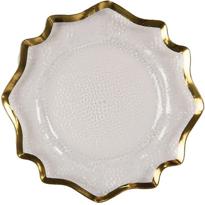Clayre & Eef Transparentný servírovací tanier s vlnitým zlatým okrajom 33 x 1 cm