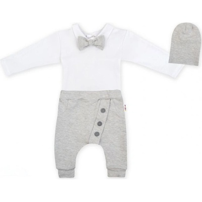 Baby Nellys 3-dílná sada Hubert, body s motýlkem tepláčky a čepička šedý motýlkem tepláčky a čepička šedý