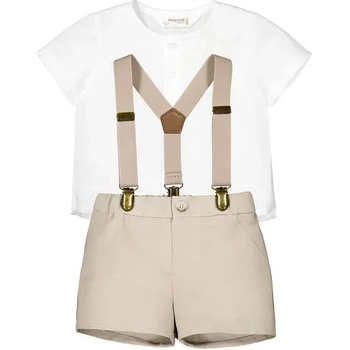 MAYORAL Комплект къс бежови панталон и бяла риза с бежови тиранти за новородено момче Mayoral