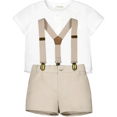 MAYORAL Комплект къс бежови панталон и бяла риза с бежови тиранти за новородено момче Mayoral