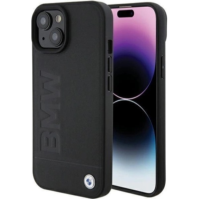 BMW BMW Leather Hot Stamp Калъф за iPhone 15 Plus, черен