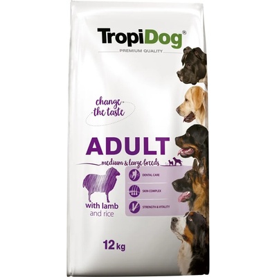 TropiDog TROPIDOG Premium Храна за кучета, суха, за възрастни, средна и голяма порода, с агнешко и ориз, 12 kg