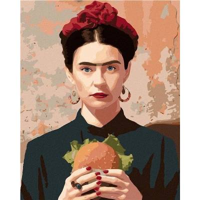 Zuty Malování podle čísel Frida Kahlo a hamburger 80 x 100 cm bez rámu a bez vypnutí plátna