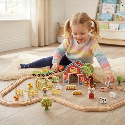 Tooky Toy Drevená koľajnica Farma 48 dielov
