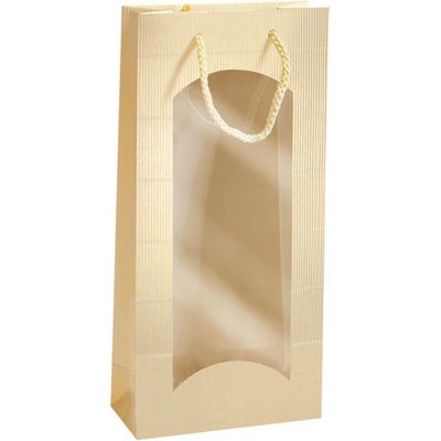 Darčeková taška krémová-zlatá s okienkom na 2 fľaše 170x85x360mm