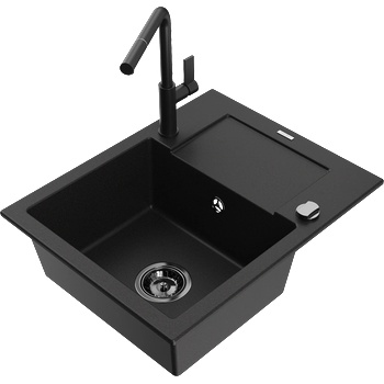 Mexen Enzo едностаен гранитен мивка с сушилня и кухненски смесител Flora, черен - 6506-77-670401-70-B (6506-77-670401-70-B)