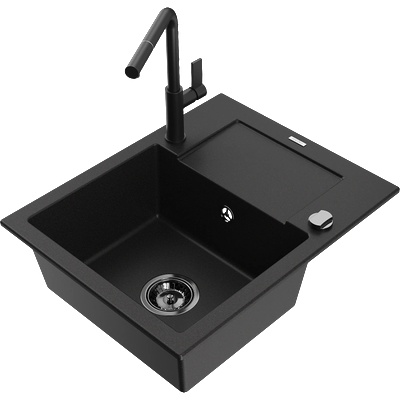 Mexen Enzo едностаен гранитен мивка с сушилня и кухненски смесител Flora, черен - 6506-77-670401-70-B (6506-77-670401-70-B)