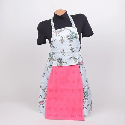 Готварска престилка в синьо с цветя и коралова кърпа