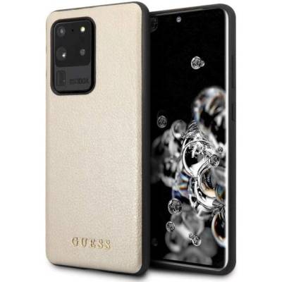 GUESS Iridescent Leather Hard Case - дизайнерски кожен кейс за Samsung Galaxy S20 Ultra (златист)