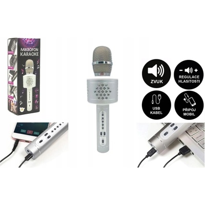 Teddies Strieborný mikrofón na batérie s rozhraním USB pre karaoke Bluetooth