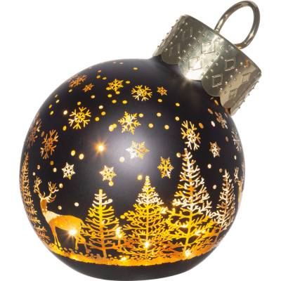 Winteria Vánoční skleněná ozdoba na stromeček s LED osvětlením, motiv zimního lesa, Ø 12 × 14 cm, černá černá