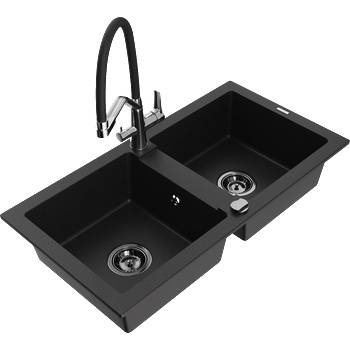 Mexen Mario двоен кухненски мивка от гранит с кухненски смесител Duo, черен - 6504-77-671701-07-B (6504-77-671701-07-B)