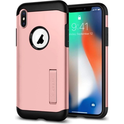 Spigen Slim Armor Case - хибриден кейс с поставка и най-висока степен на защита за iPhone XS, iPhone X (розово злато)