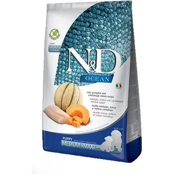 Farmina N&D Ocean Dog Cod, Pumpkin & Cantaloupe Melon Puppy Medium & Maxi - Пълноценна суха храна за подрастващи кучета, бременни и кърмещи, от средни и едри породи, без зърно, с риба треска, тиква и пъпеш. 1
