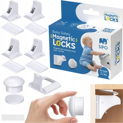 SIPO Magnetické zámky biele na skrine a zásuvky sada 4 ks + 1x magnetický kľúč