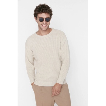 Trendyol Beige Men's Oversize Fit Wide Fit Crew Neck Basic Knitwear Sweater krémová