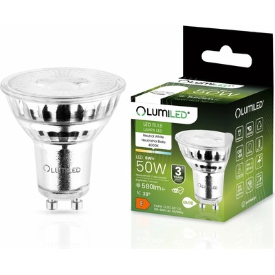Lumiled LED žiarovka GU10 6W = 50W 580lm 4000K Neutrálne 38° sklo