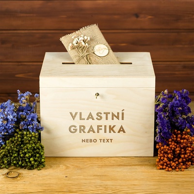 Dřevia Dřevěná svatební truhla na přání – VLASTNÍ GRAFIKA nebo text