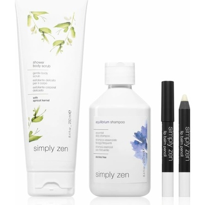 Simply Zen Equilibrium Simply Zen Lip Balm Pencil balzám na rty v tyčince 1 ks + Simply Zen Equilibrium Shampoo šampon pro časté mytí vlasů 250 ml + Simply Zen Sensorials jemný tělový peeling 250 ml