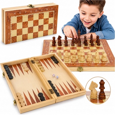 Klasické dřevěné šachy Desková hra 3v1 Vrhcáby Tryktrak 48x48 cm