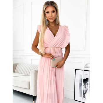 Numoco GIORGIA Плисирана рокля с волани, деколте и златна верижка - прасковена Numoco numoco | Cherven | ЖЕНИ | ONE SIZE