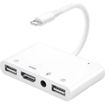 AppleKing 5v1 redukcia - HDMI / 3,5 mm jack / Lightning / 2x USB-A na Lightning - biela